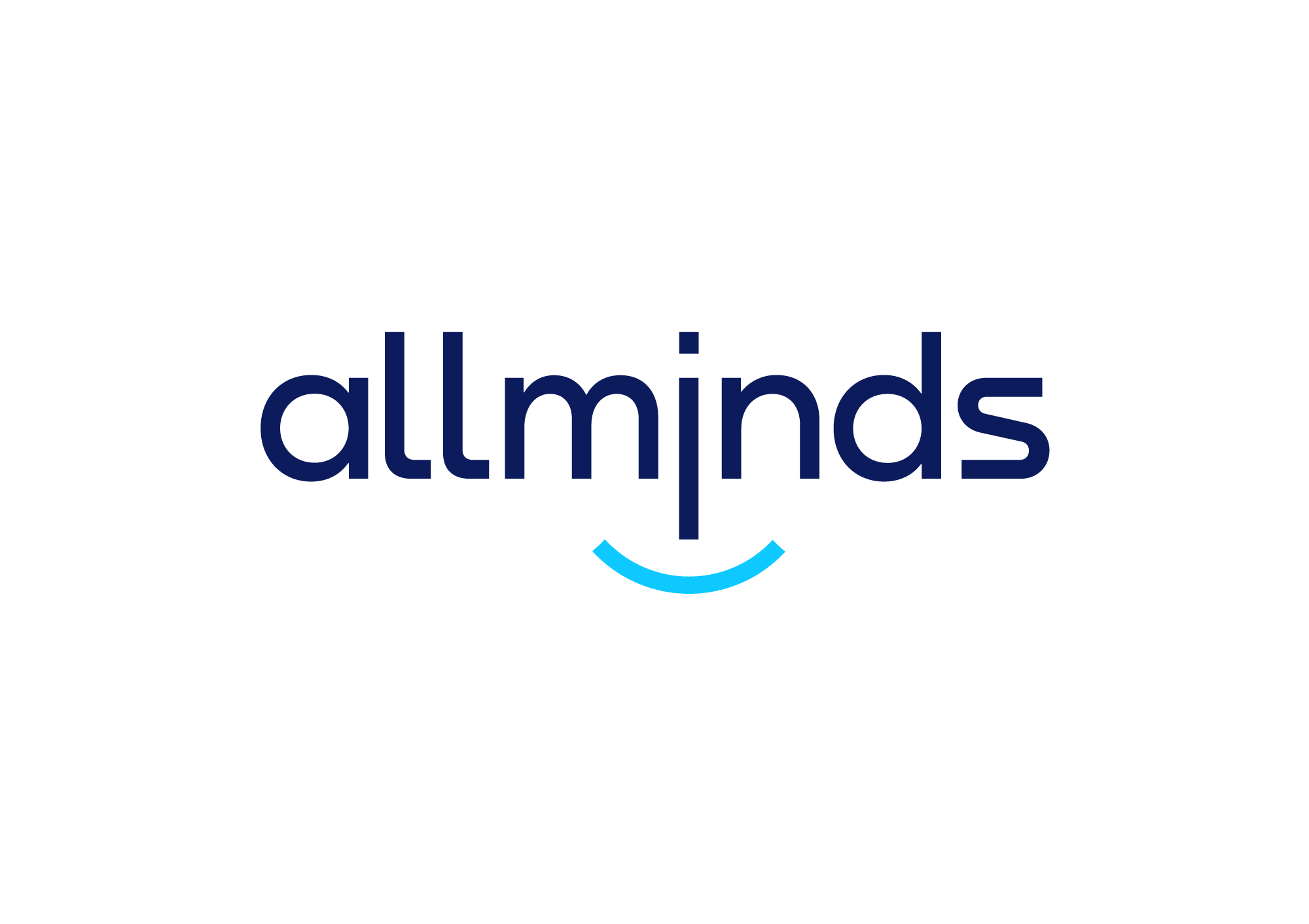 Logo AllMinds - Um sorriso com o nome AllMinds por extenso